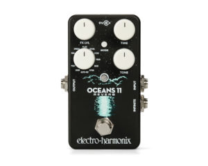 The Electro-Harmonix Oceans 11 digital reverb pedal features 11 reverbs—Hall, Spring, Plate, Revrs, Echo, Trem, Mod, Dyna, Auto-Inf, Shim, and Poly—and with its mode button users can select up to three variations of many of them.