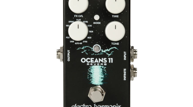 The Electro-Harmonix Oceans 11 digital reverb pedal features 11 reverbs—Hall, Spring, Plate, Revrs, Echo, Trem, Mod, Dyna, Auto-Inf, Shim, and Poly—and with its mode button users can select up to three variations of many of them.